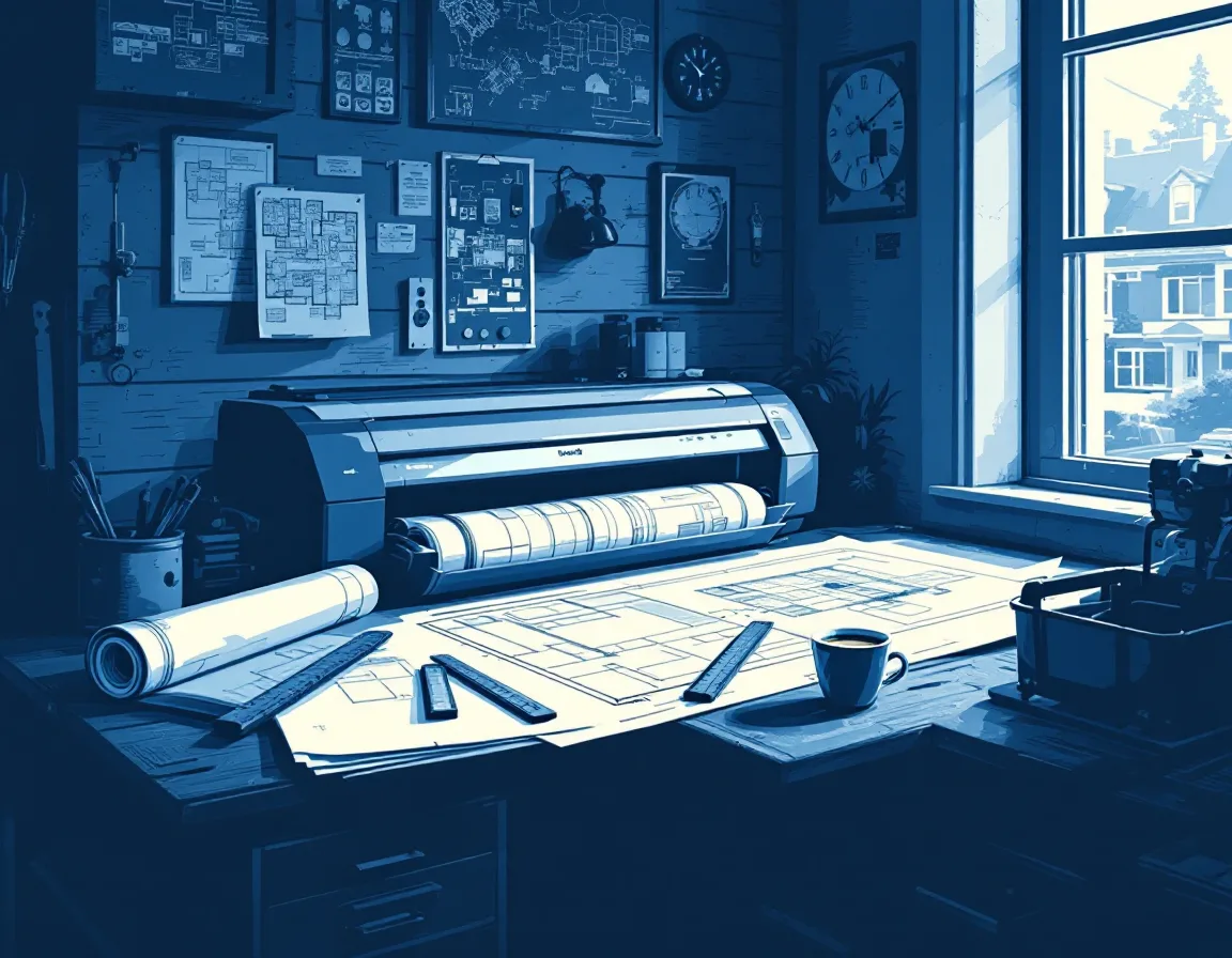 Illustration of the Ellsworth and Vance front counter with rolled plan sets, scale rulers and a coffee cup