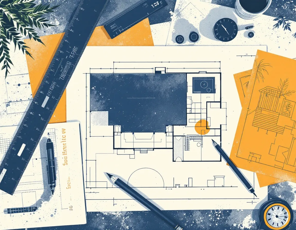 Illustration of a drafting desk with a floor plan, scale ruler, tape measure and a rough deck sketch